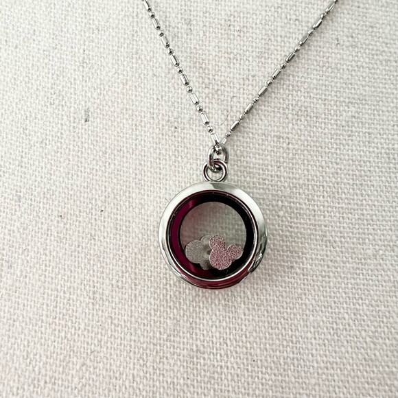 Disney Minnie Mickey Rhinestone Silhouette Clear Silver Locket Pendant Necklace - Picture 3 of 7